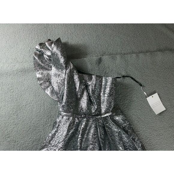 New Mac Duggal Dress Silver 8 One Shoulder Bow A Line Dress Gown Ruffle 67906 - Picture 4 of 8